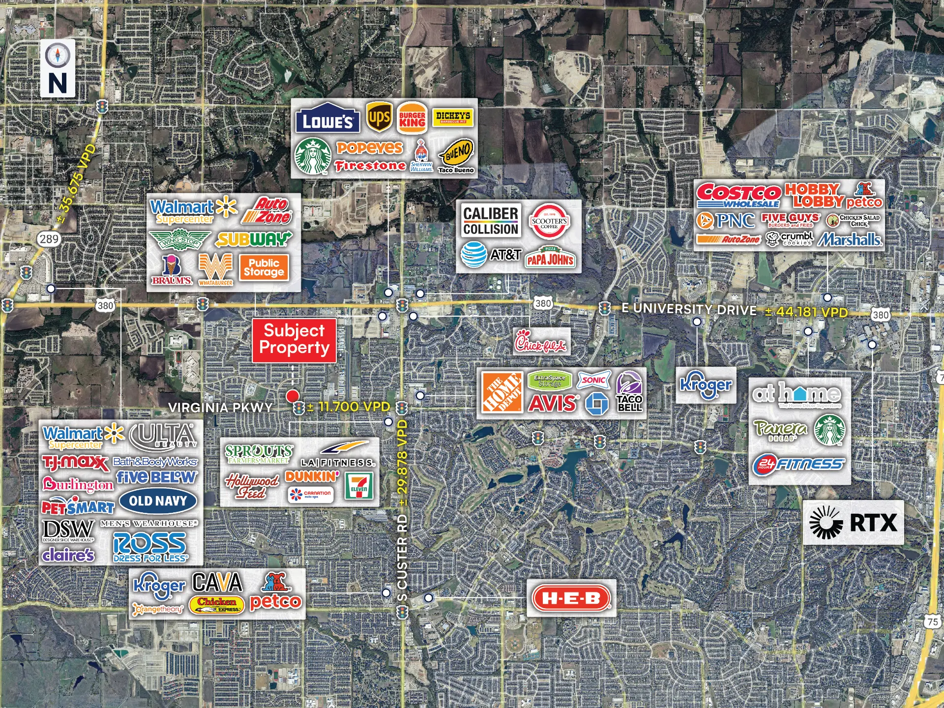 McKinney aerial map showing the subject property at Virginia Parkway and nearby national retailers