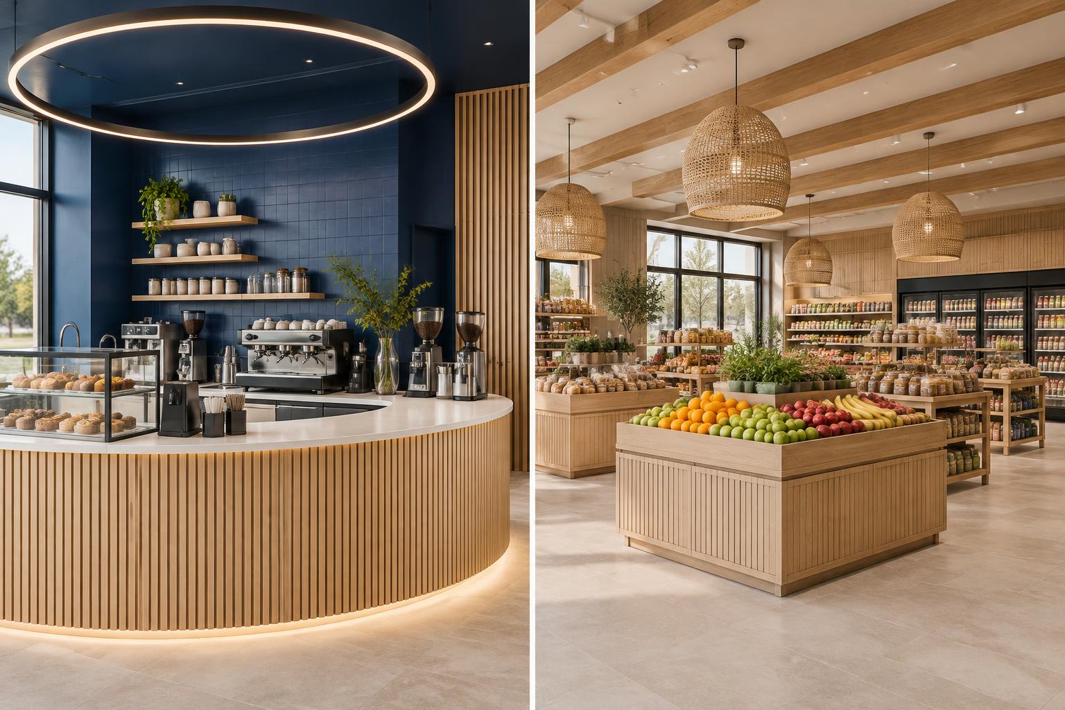 Representative renderings of a coffee bar and market floor